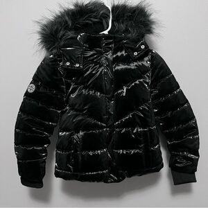 Justice Shiny Black Puffer Jacket with Faux Fur Hood Size 5/6